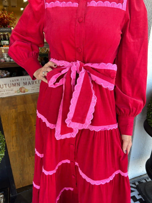 Women's Button Down Scalloped Tiered Corduroy Dress (Buy 2 Free Shipping)