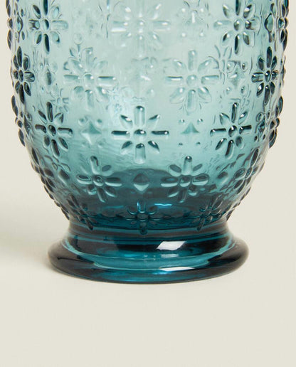 RAISED FLORAL DESIGN GLASS TUMBLER