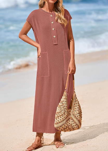 Women's Ribbed Henley Button Up Split Long Dress (Buy 2 Free Shipping)