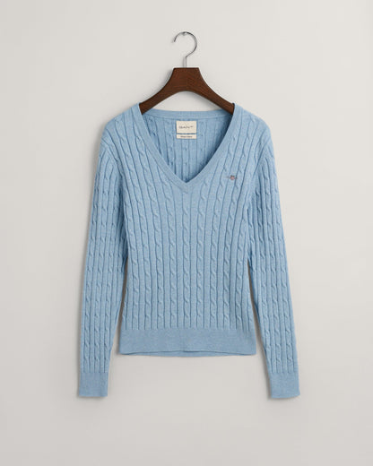 Women's Stretch Cotton Cable Knit V-Neck Sweater - DOVE BLUE