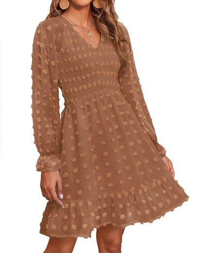 Women's Spring V Neck Swiss Dot Chiffon Mini Dress (Buy 2 Free Shipping)