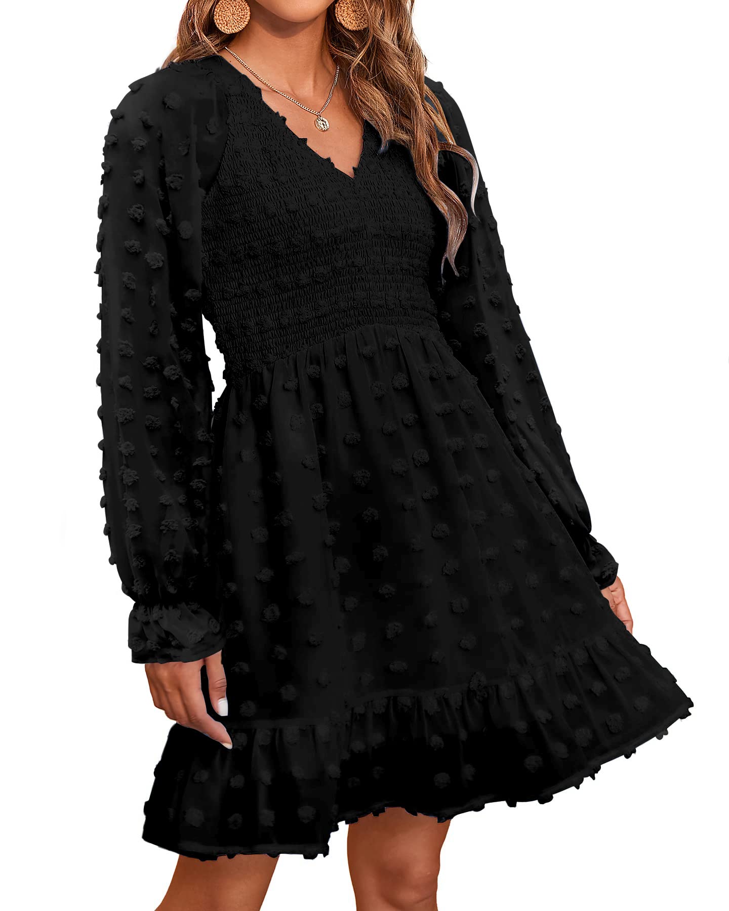 Women's Spring V Neck Swiss Dot Chiffon Mini Dress (Buy 2 Free Shipping)