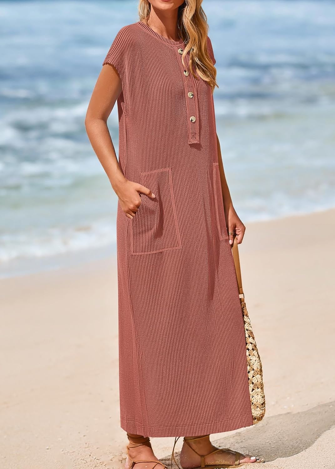 Women's Ribbed Henley Button Up Split Long Dress (Buy 2 Free Shipping)