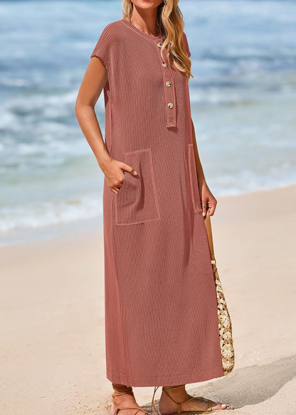 Women's Ribbed Henley Button Up Split Long Dress (Buy 2 Free Shipping)