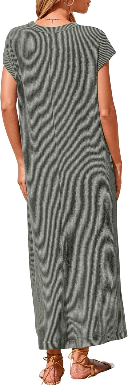 Women's Ribbed Henley Button Up Split Long Dress (Buy 2 Free Shipping)