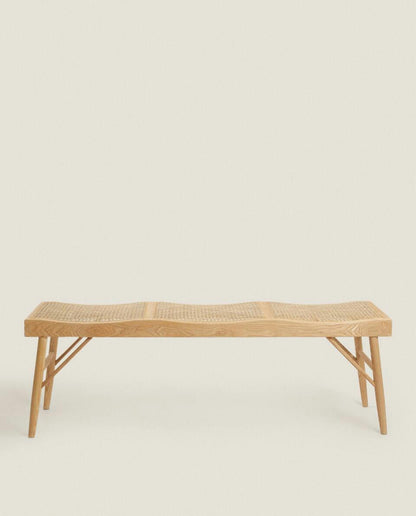 WOOD AND RATTAN BENCH
