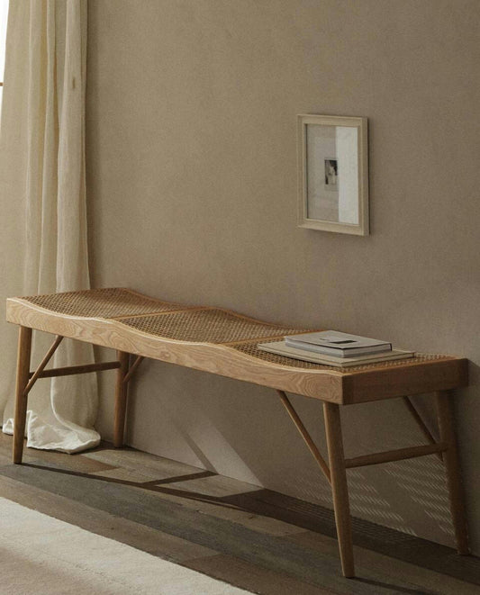WOOD AND RATTAN BENCH