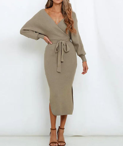 Women's Wrap V Neck Slit Sweater Dresses (Buy 2 Free Shipping)